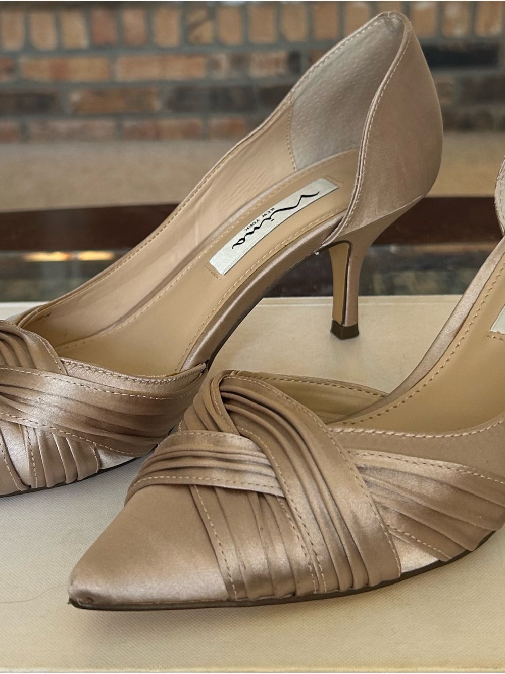 Nina Taupe Satin Pointed-Toe Kitten Heel Pumps